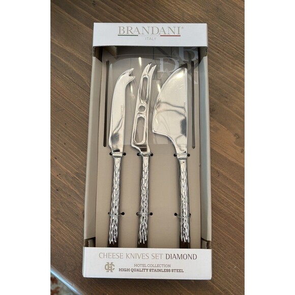 BRANDANI 3 PC CHEESE KNIFE SET DIAMOND PATTERN NEW IN BOX HOTEL COLLECTION - Picture 1 of 6